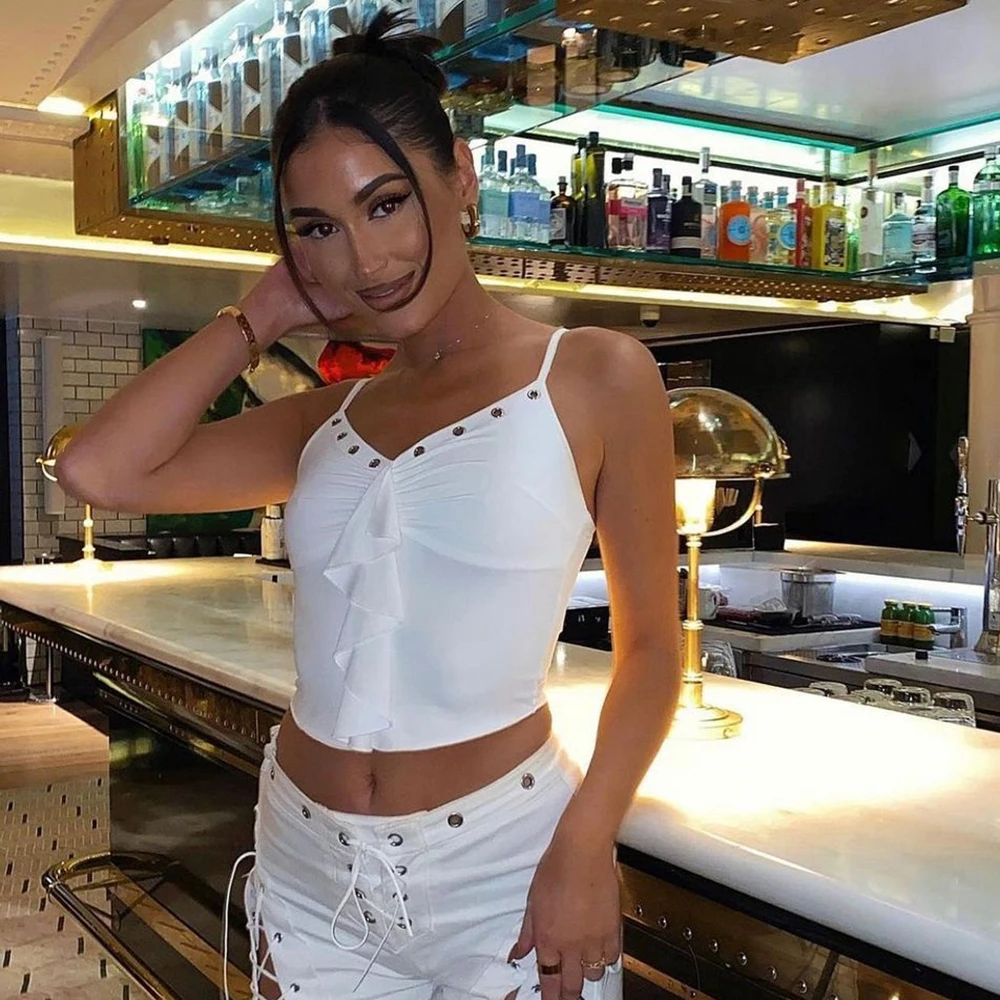 

Женская летняя однотонная кофта без рукавов с оборками и V-образным вырезом