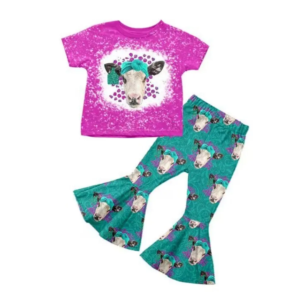 

wholesale baby girls fashionable clothing sunflower tie dye shirt bell bottom pants sets infant kids boutique children outfits
