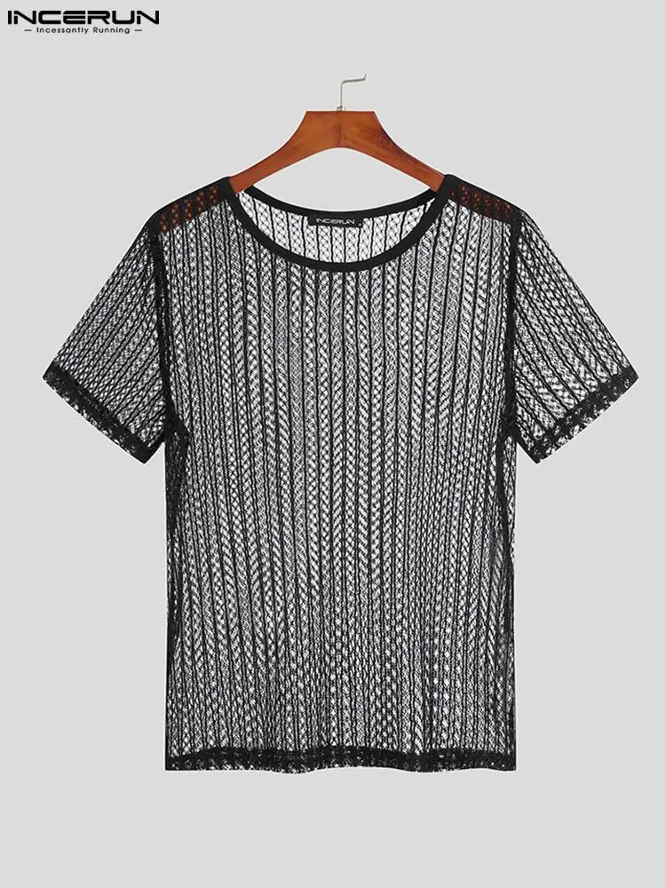 

2022 Men T Shirt Mesh Transparent Streetwear O-neck Short Sleeve Sexy Casual Camisetas Party Nightclub Men Clothes S-5XL INCERUN