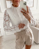 lace stitching shirt women 2022 spring summer fashion elegant office ladies long sleeve tops casual half high collar blouses