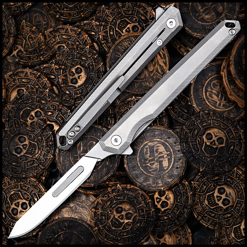 TC4 Titanium Folding Scalpel Stainless Steel Blade Multifunctional Portable Tactical Knife with Back Clip Replaceable Blade EDC