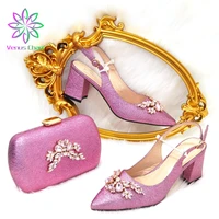 summer pink elegant shiny retro alloy full rhinestone accessories ladies shoe and bag set wedding party shoe and bag