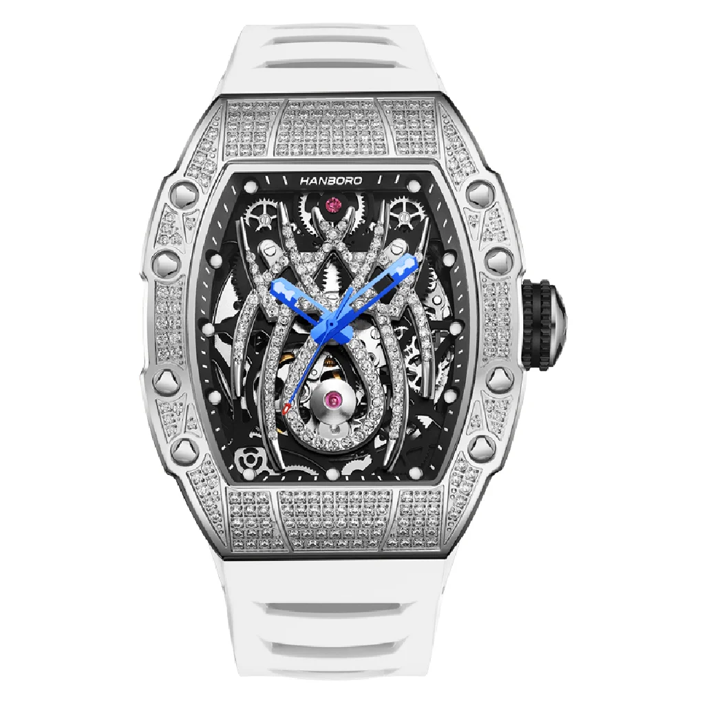 

HANBORO Men Automatic Watch Luxury Watches Mechanical Wristwatch Luminous Skeleton Tonneau Case Waterproof Rubber Strap Crystal