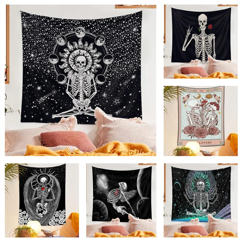 

Гобелен с черепом, подвесная ткань, сетка, красная ткань для украшения спальни, праздничный фон, ткань, печать на заказ, гобелен с черепом для...