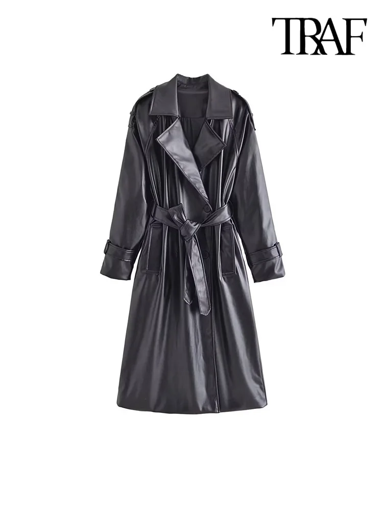 TRAF Women Fashion With Belt Faux Leather Trench Coat Vintag