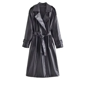 TRAF Women Fashion With Belt Faux Leather Trench Coat Vintage Long Sleeve Flap Pockets Female Outerw