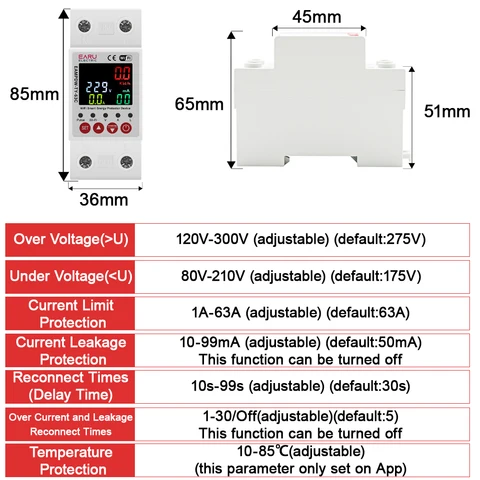 2P 63A TUYA APP WiFi Smart Energy Meter Схема утечки на землю Защита от пониженного напряжения Реле Устройство Выключатель Выключатель Счетчик кВтч