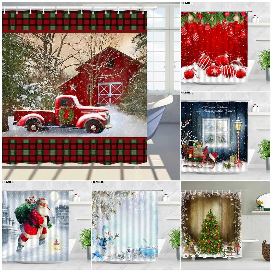 

Рождественская занавеска для душа, дневной сарай и праздничные деревья со снегом, занавеска для ванной комнаты из полиэстера с крючками