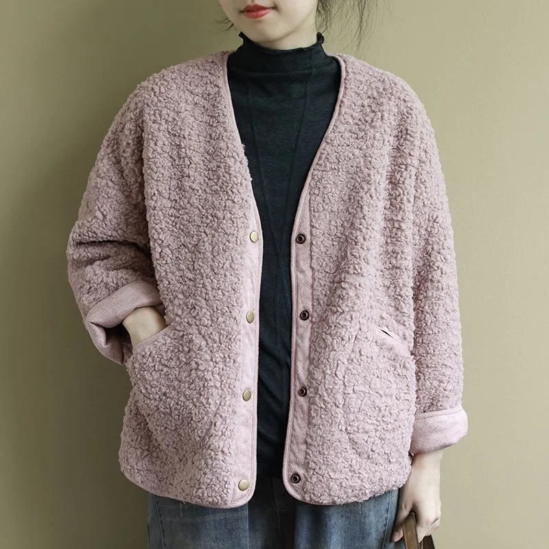

Флисовое теплое пальто с ворсом, однобортная верхняя одежда, зимнее Розовое свободное повседневное женское Шерстяное Пальто в Корейском ст...