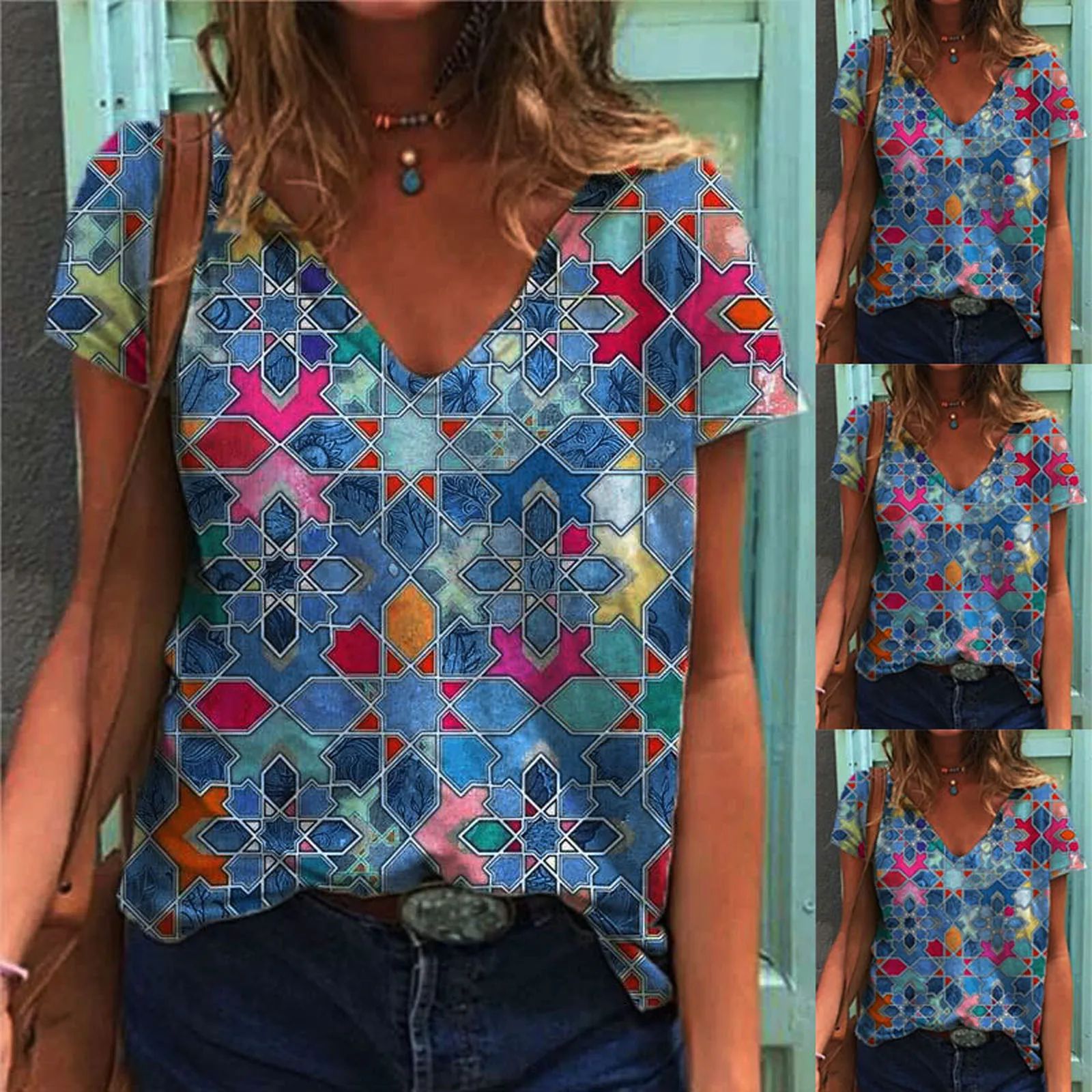 

Женская Повседневная футболка с V-образным вырезом и коротким рукавом