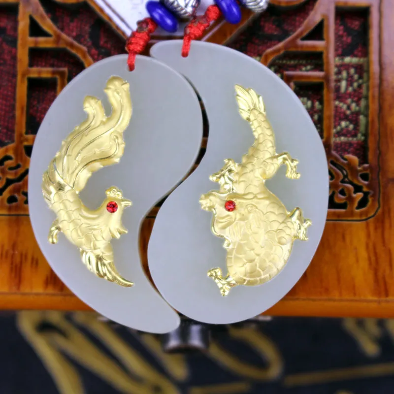 

Hetian Jade 24k Gold Necklace Pendant Natural Jade Pendants Pair Of Dragon Phoenix Pendant For Couple Lovers Men Women