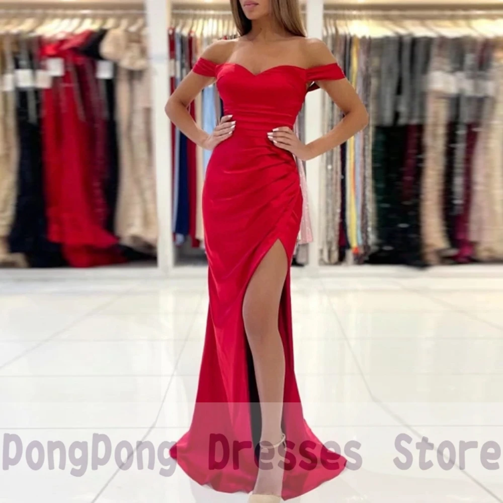 

Red Evening Dresses Hight Front Slit Strapless Sexy Evening Gowns Sleeveless Satin Open Back Vestidos de Fiesta Para Bodas