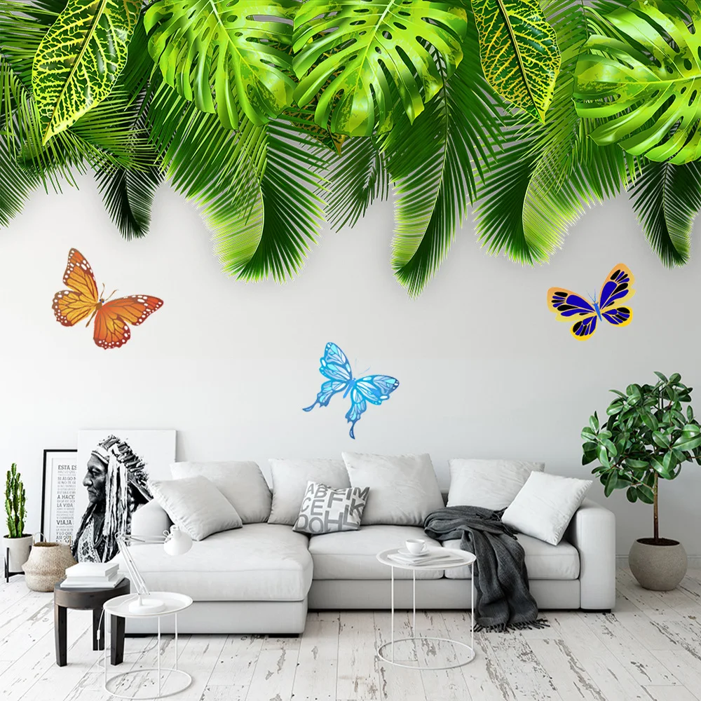 

New Self Adhesive Pvc Wall Sticker Tropical Plant Green Leaves Butterfly Mural For Home Living Room Bedroom Decorative Paintings