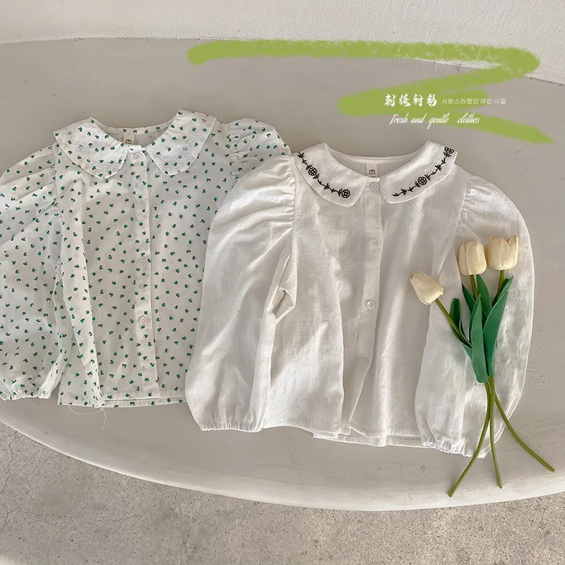 

Baby Gilrs Blouse 2022 Spring Summer Korean Style Printed Shirt Toddler Puff Sleeve Tops 1-6Y