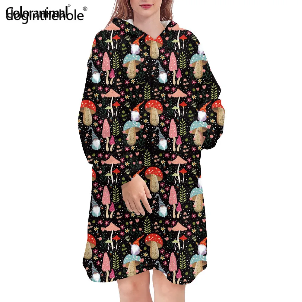 

Doginthehole Fashion Women Hooded Nightdress Mushroom Pattern Girls Oversized Plush Onesies Winter Soft Pullover Sleepwear 2022