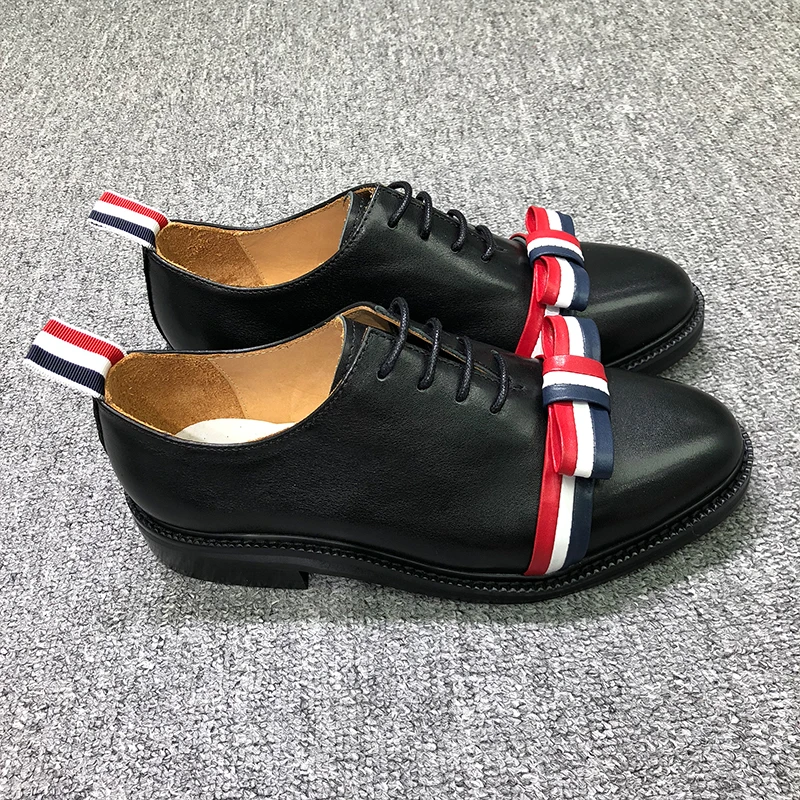 

TB TNOM Shoes Autunm Women's Boutique Shoes Fashion Brand Lace-up Footwear Smooth Calfskin RWB Color Bowknot Leather TB Shoes