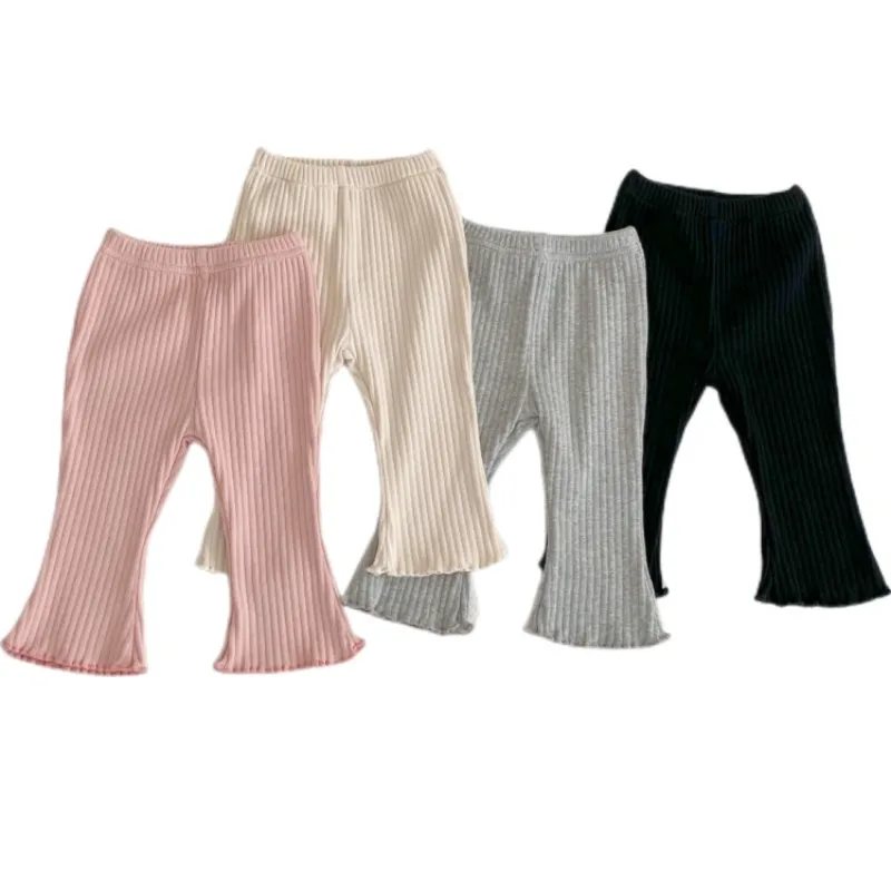 

Леггинсы карамельных цветов для маленьких девочек, корейские Детские хлопковые ребристые эластичные однотонные расклешенные брюки, детская весенне-летняя одежда