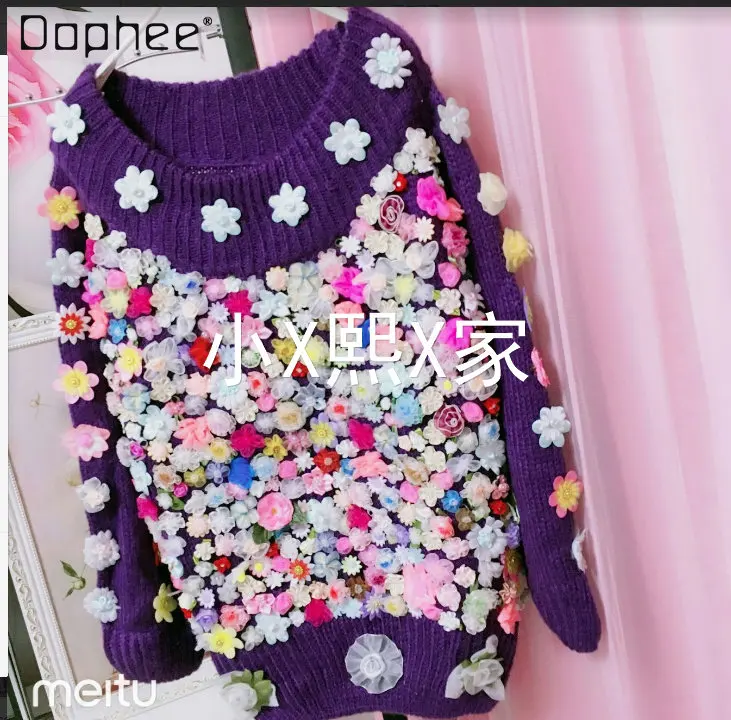 Women's Long Sleeve Handmade Crochet Flower Sweater Fashion All-Match Wool Coat Sweater Ladies Knitted Sweater Pullover Tops