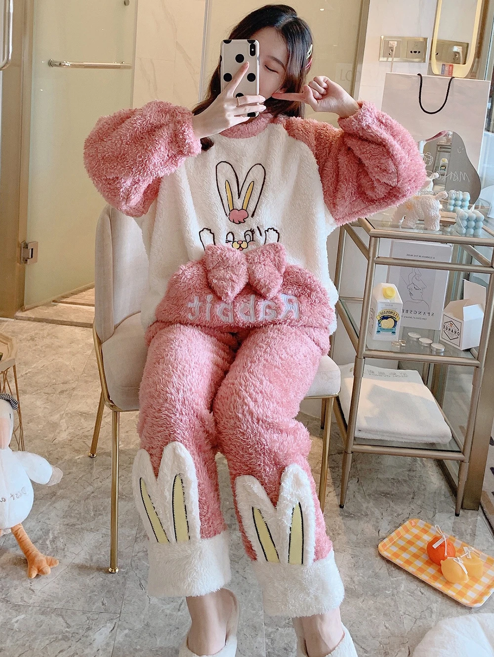 Cute Thick Warm Pajamas Sets Womens Girls Sweet Pink Rabbit Coral Fleece Sleepwear Winter Kawaii Home Clothes Pyjamas Suit 2PCS