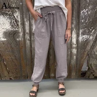 2022 spring new elastic waist linen pants plus size 3xl women fashion harem pants casual all matched loose stand pocket trouser