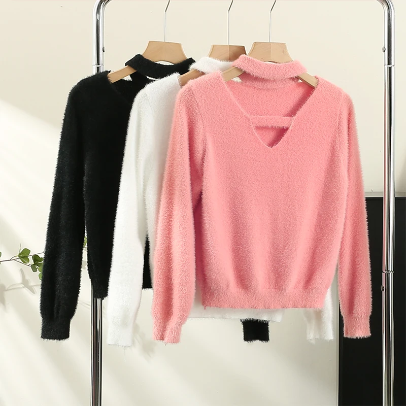 

V-neck Halter Sweater Women Loose Pink Sweater Top 2023 Autumn Korean Fashion Female Clothing Sweater Women pullovers