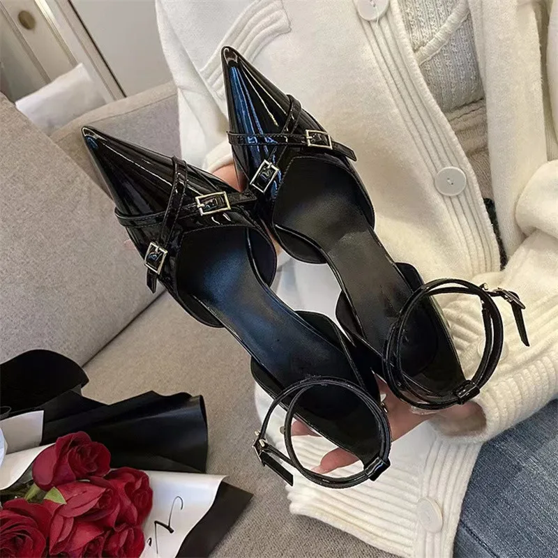 

2023 Black Sexy Pointed Toe Women Shoes Buckle Strap Party Fashion Ladies Designer Shoes Thin Heels Hand-made Sapatos Femininos