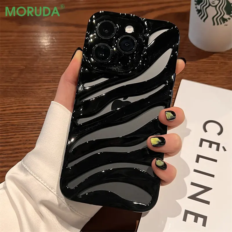 

ins 3D Striped Hollow Phone Case for iPhone 14 ProMax 12 13 Pro Max 11 Luxury Matte Shockproof Electroplated Silicone Soft Cover
