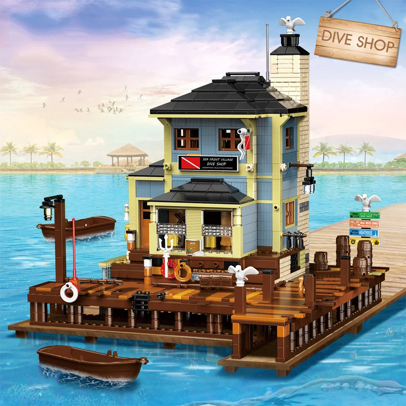 

Креативный эксперт уличный вид 1460 шт. PG12001 старый магазин рыбалки Погружной магазин модульные кубики MOC строительные блоки игрушки судовой ...