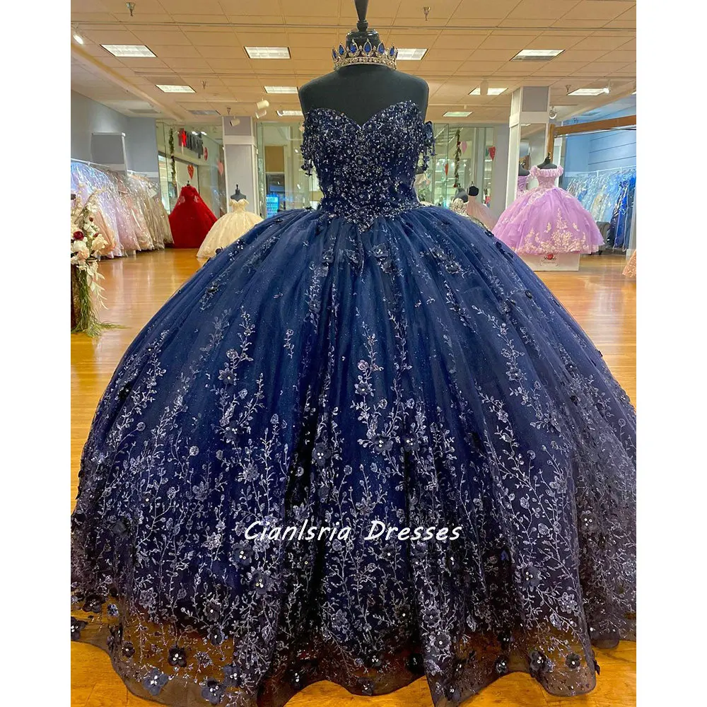 

Navy Blue Appliques Lace Flowers Quinceanera Dresses Ball Gown Off The Shoulder Beading Sequined Corset Sweet 15 Party Wear