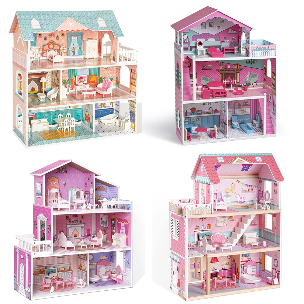 

Robotime Big Wooden Dollhouse with Furniture Doll House Play Set Gift for Kids Girls