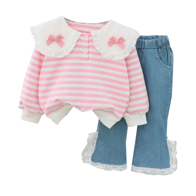 

Autumn Baby Girls Stripe Tops Lace Jeans Toddler Infant Clothing Sets Kids Princess Clothes Outfits Children Fashion 2 Pcs Suit