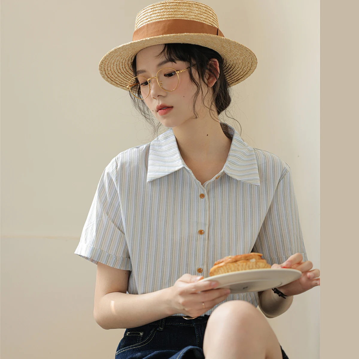 Женская рубашка с отложным воротником Летняя Повседневная Свободная в полоску
