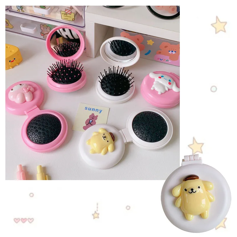 

7CM Anime Kawaii Cinnamoroll Purin Dog Kuromi My Melody Mirror Air Cushion Comb Cartoon Cute Portable Collapsible Massage Comb