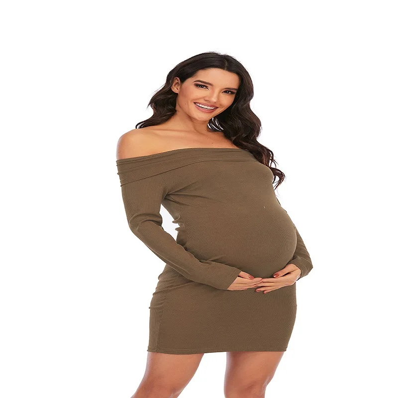 Maternity Dress for Pregnant Women Clothes Casual baby shower Dress Solid Color One-Shoulder Long Sleeve Dress enlarge