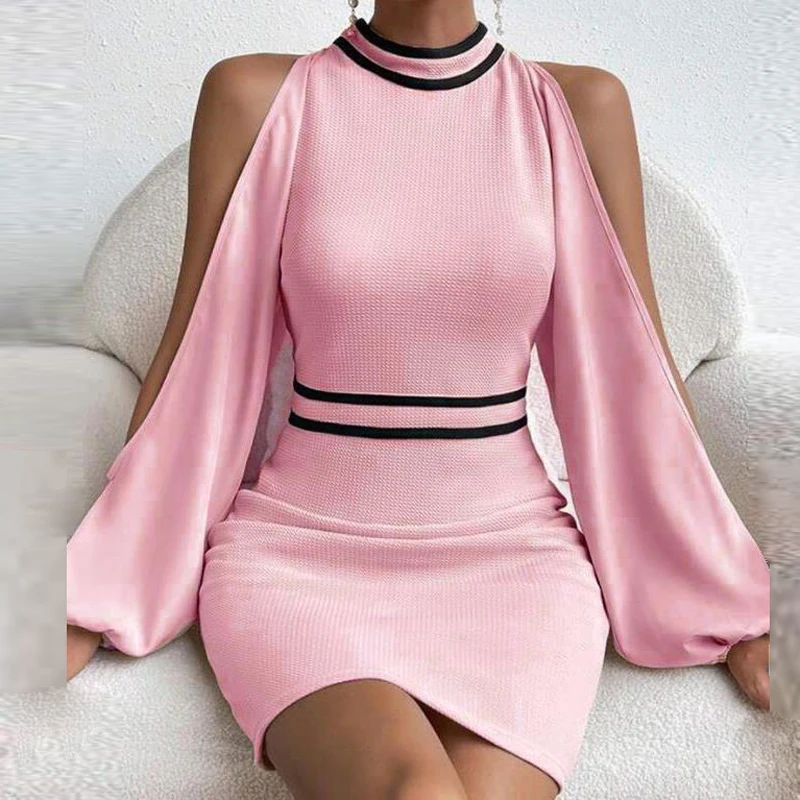 

Женское приталенное платье с круглым вырезом, весеннее облегающее однотонное платье в рубчик с рукавами-фонариками, осень