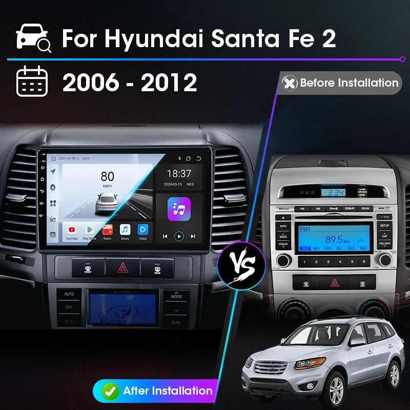 Автомобильное радио Android 12 для Hyundai Santa Fe 2 2006-2012 Carplay автоматические