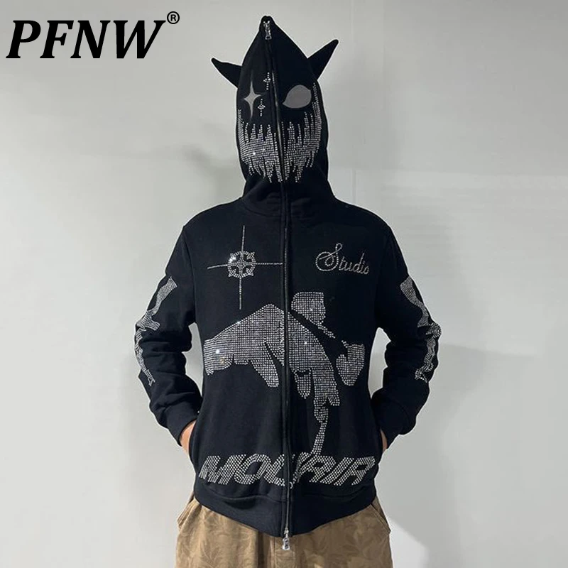 

PFNW Autumn New Men's Sports Hoodies Letter Hooded Sweater Coat Hot Drilling Loose Darkwear Handsome Trend Street Coat 28A3525