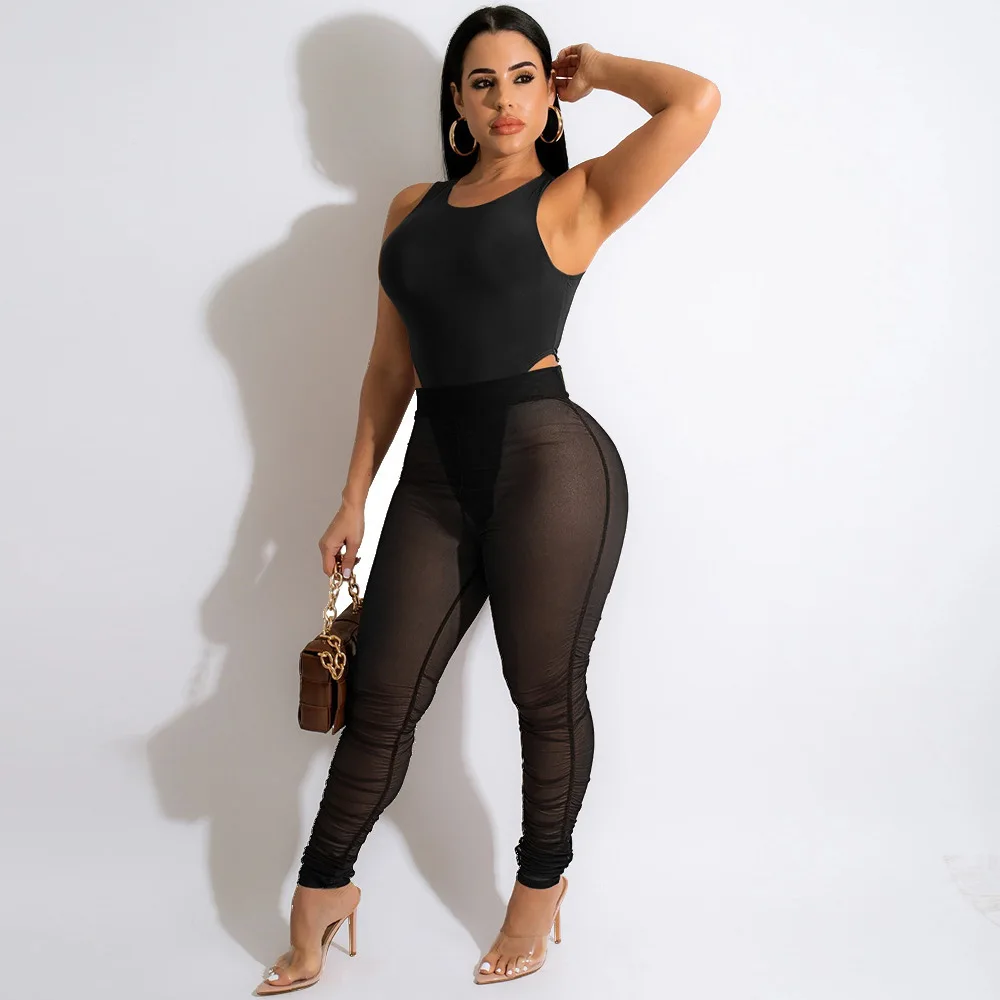 

2022 New Product Pure Black Sheer Mesh Patchwork Sexy Party Women Two Piece Sets High Waist Pencil Pants Track Suits