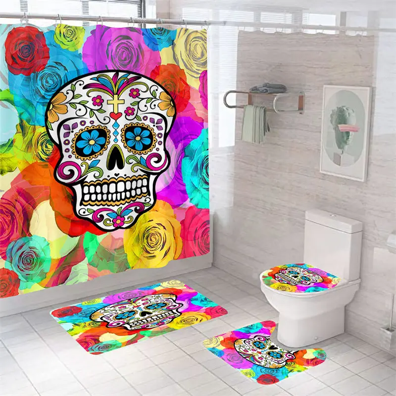 

3D Print Skull Skeleton Bath Curtain Halloween Bath Mat Set Waterproof Toilet Rugs Anti-slip Carpets For Bathroom Bathtub Decor