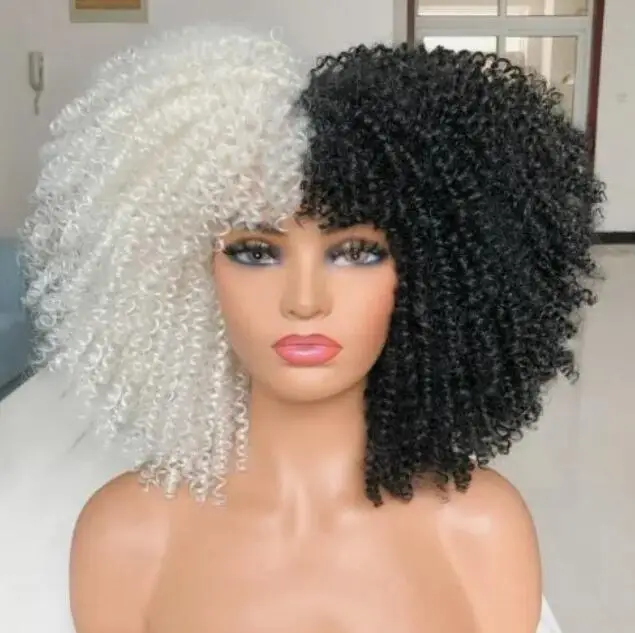 Короткие черно-белые афро кудрявые вьющиеся парики с челкой для женщин США