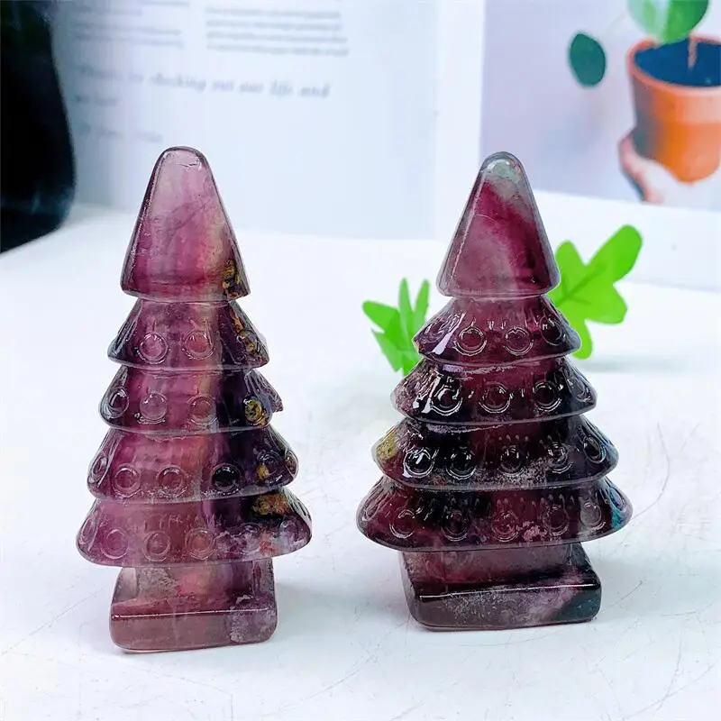 

10cm Natural Crystal Fluorite Christmas Pine Tree Carving Quartz Healing Crystal Stone Gifts Home Decoratio 1PCS