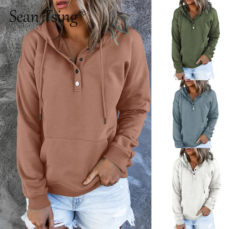 Pullover Womens Button Down Hoodies Drawstring Hooded Pocket Casual Long Sleeve V Neck Sweatshirts Tops