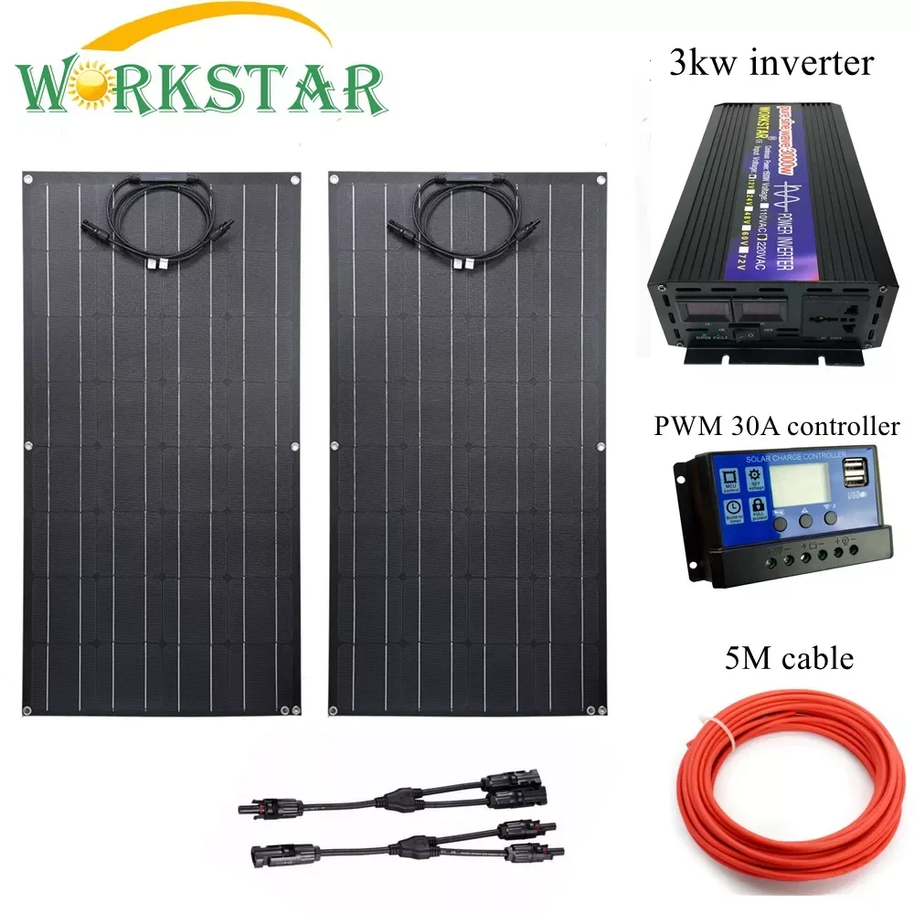 

WORKSTAR 2*100W Flexible Solar Panels with 30A Controller and 3KW Inverter 200W solar power System 100w Panel Solar
