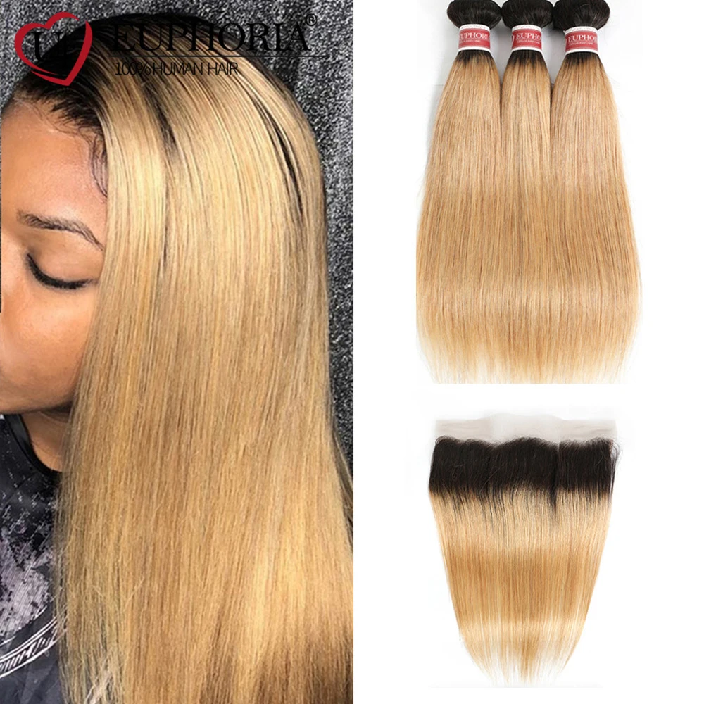 

1b/27 Ombre Blonde Straight Bundles With 13x4 Lace Frontal Hair Brazilian Human Hair 3 Bundles With Lace Closure Euphoria