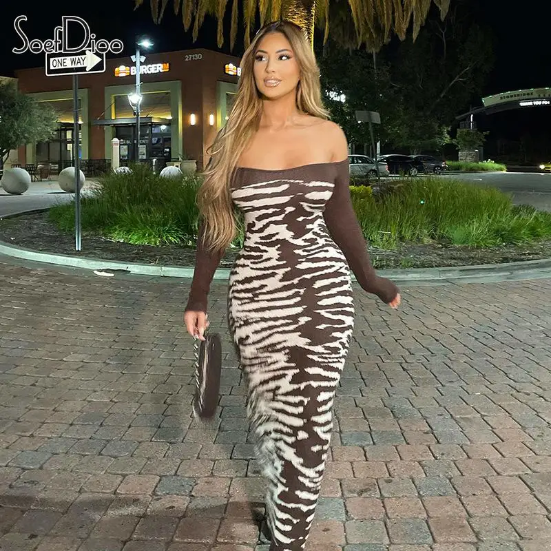 

Soefdioo Striped Printed Wrap Chest Maxi Dress Women Sexy Off Shoulder Long Sleeve Body-Shaping Robe 2024 Spring Party Clubwear