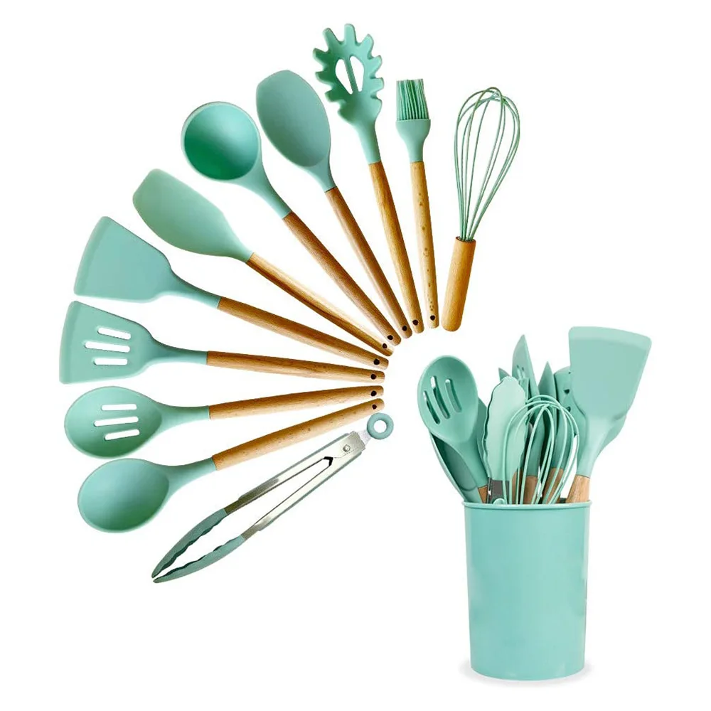 

12pcs Silicone Kitchenware Non-Stick Cookware Kitchen Utensils Set Spatula Spoon Whisk Tongs Wooden Handle Cooking Tool Set