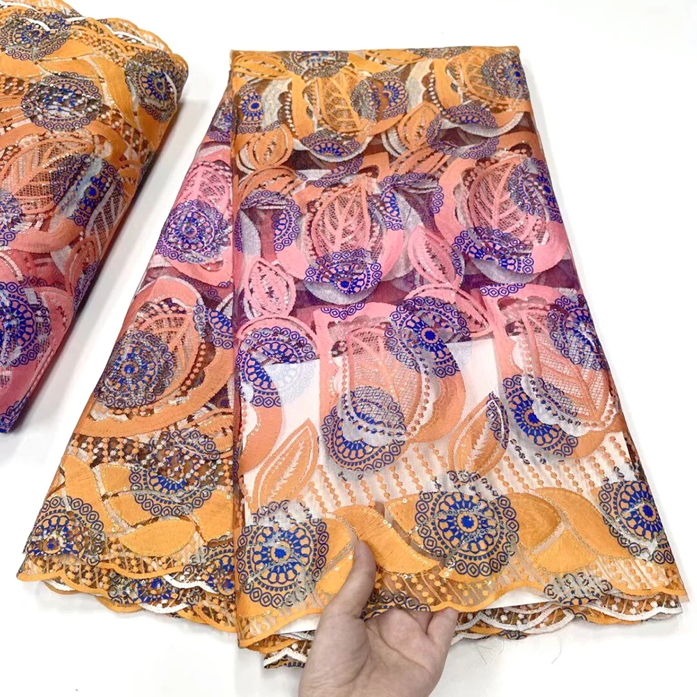 

Африканская кружевная ткань с принтом, 5 ярдов, 2022, Высококачественная сетчатая вышивка с блестками, нигерийское свадебное платье, ткань