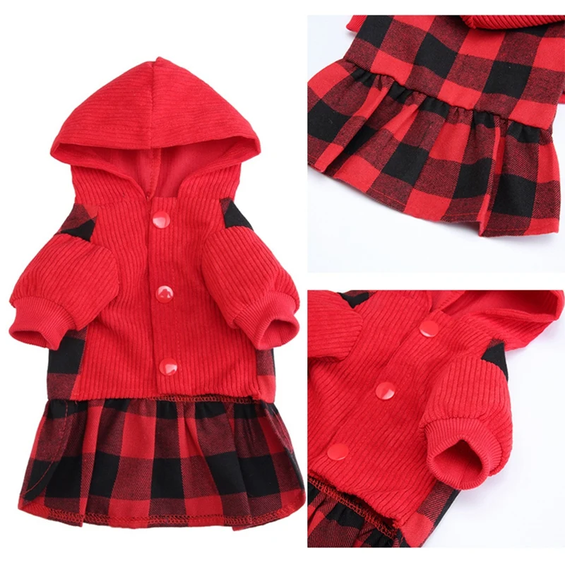 

Клетчатое платье с капюшоном для собак, Теплый мягкий свитер для собак, юбка, наряд с шапкой, осенне-зимнее пальто для домашних животных, оде...