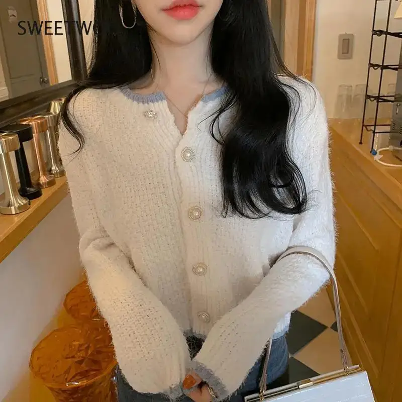 

Korean Elegance Hit Color Pearl Buttons Cardigan Sweater Fashion O-Neck Single-Breasted Women Clothing Casual Streetwear Sweater