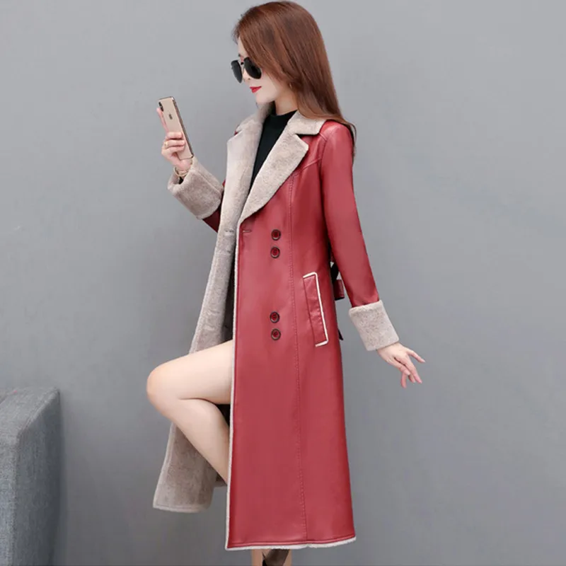 Genuine Leather Jacket Women Winter Fashion New Lamb Fur Liner Thicken Warm Long Overcoat Belt Sheepskin Coat Female Clothing